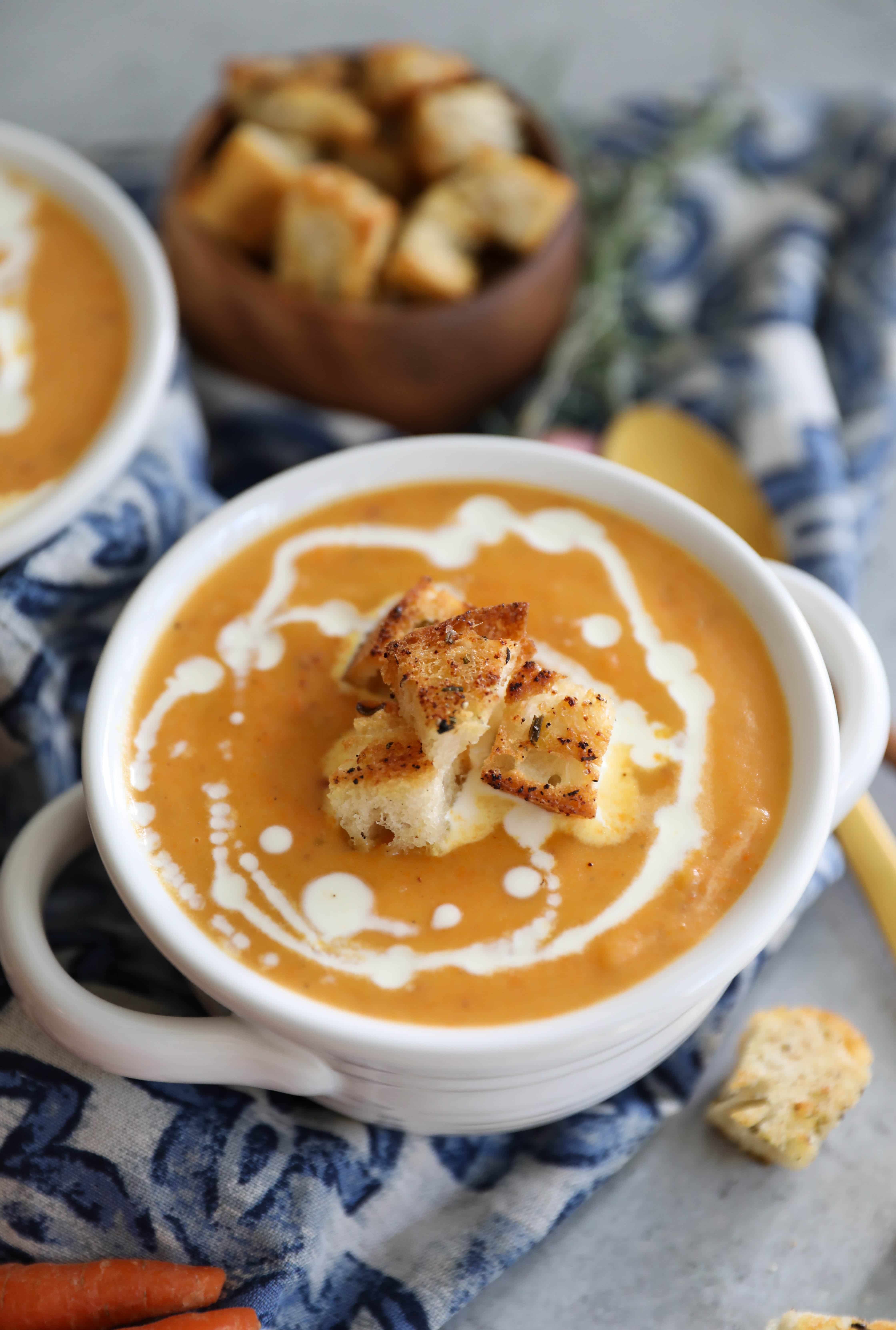 Carrot and Potato Soup with Rosemary Garlic Croutons