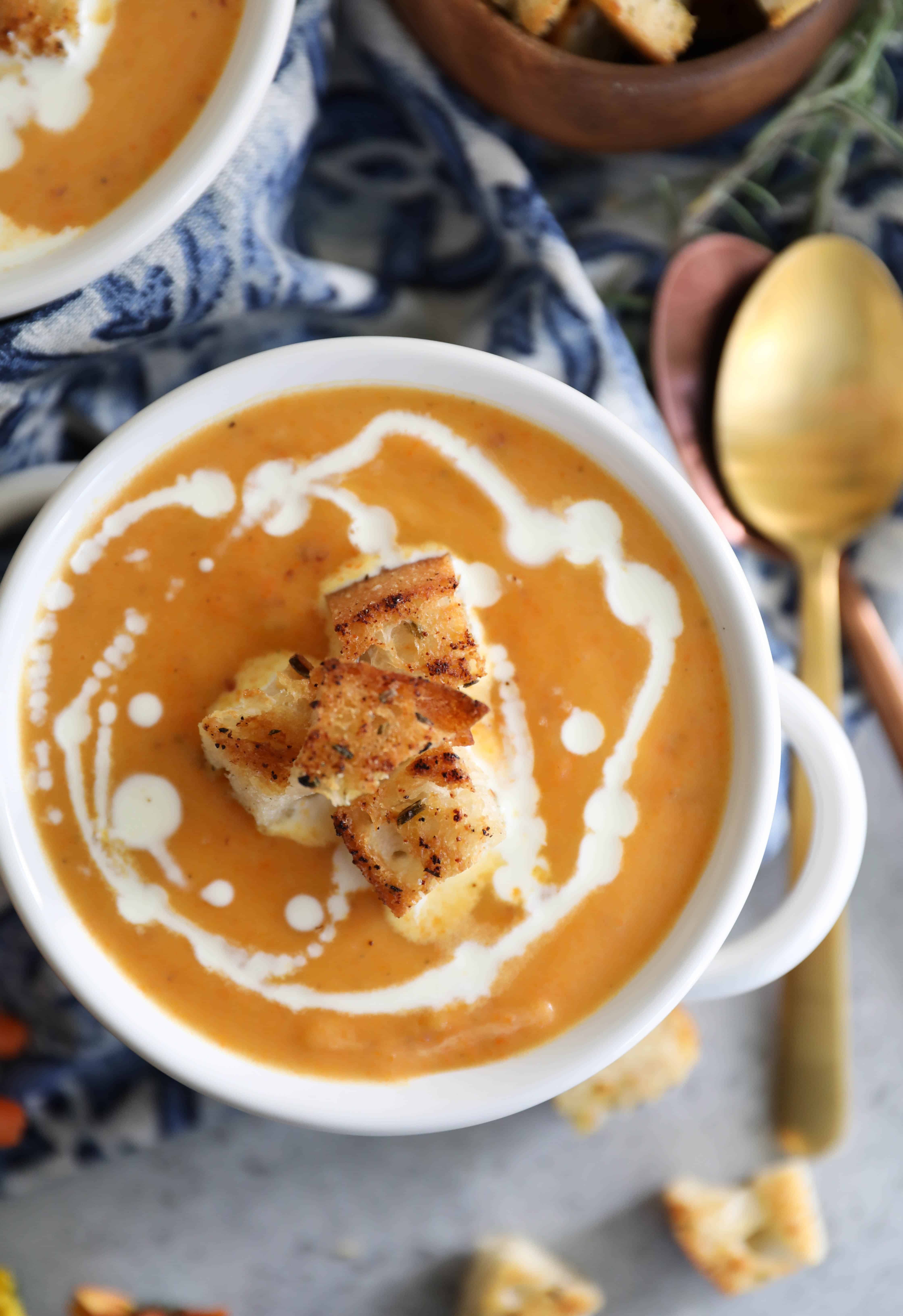 Carrot and Potato Soup with Rosemary Garlic Croutons