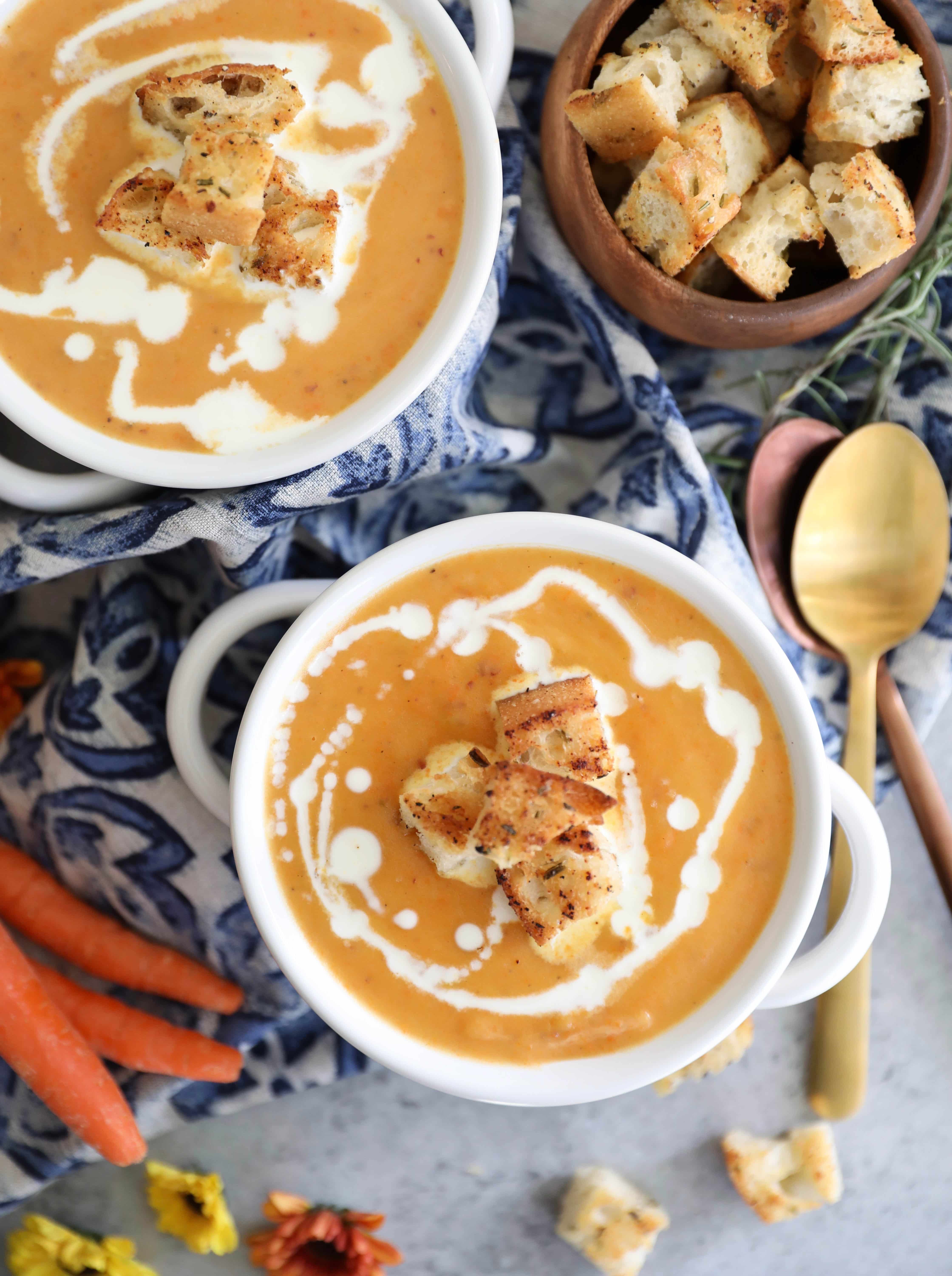 Carrot and Potato Soup with Rosemary Garlic Croutons