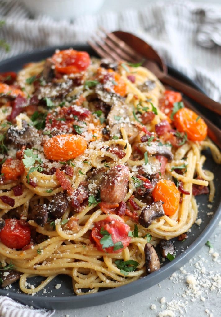 Mushroom and Roasted Tomato Spaghetti Carbonara