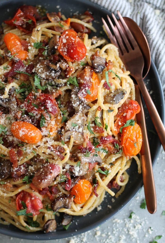 Mushroom and Roasted Tomato Spaghetti Carbonara