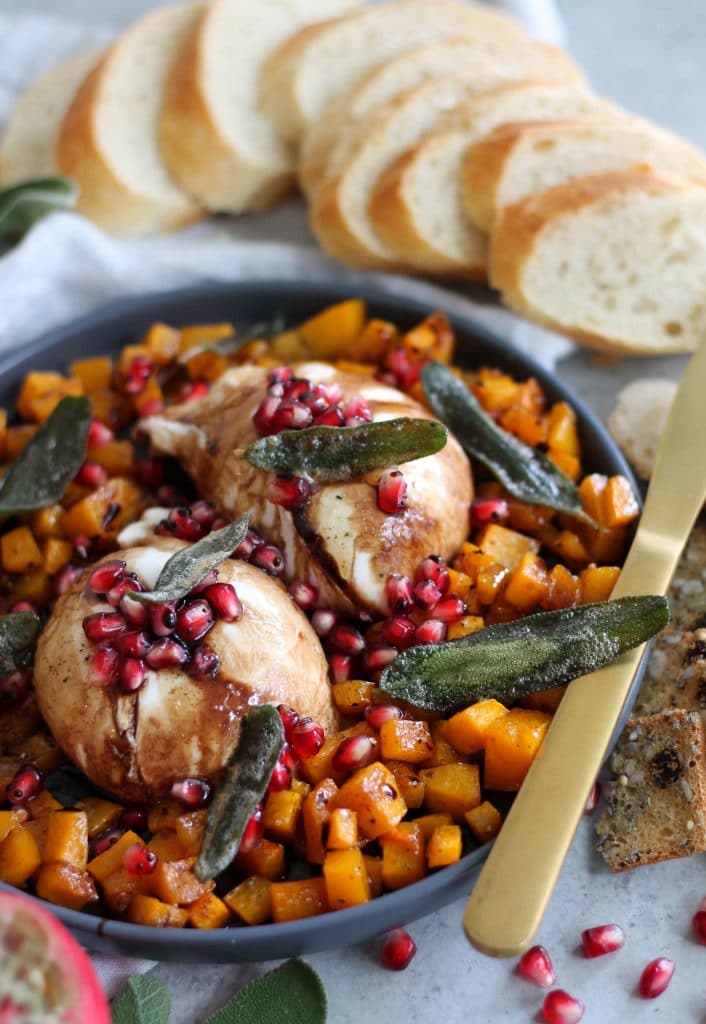 Burrata with Maple Roasted Butternut Squash, Pomegranate Balsamic Glaze, and Crispy Sage