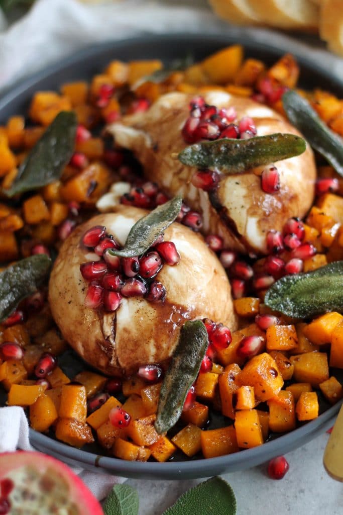 Burrata with Maple Roasted Butternut Squash, Pomegranate Balsamic Glaze, and Crispy Sage