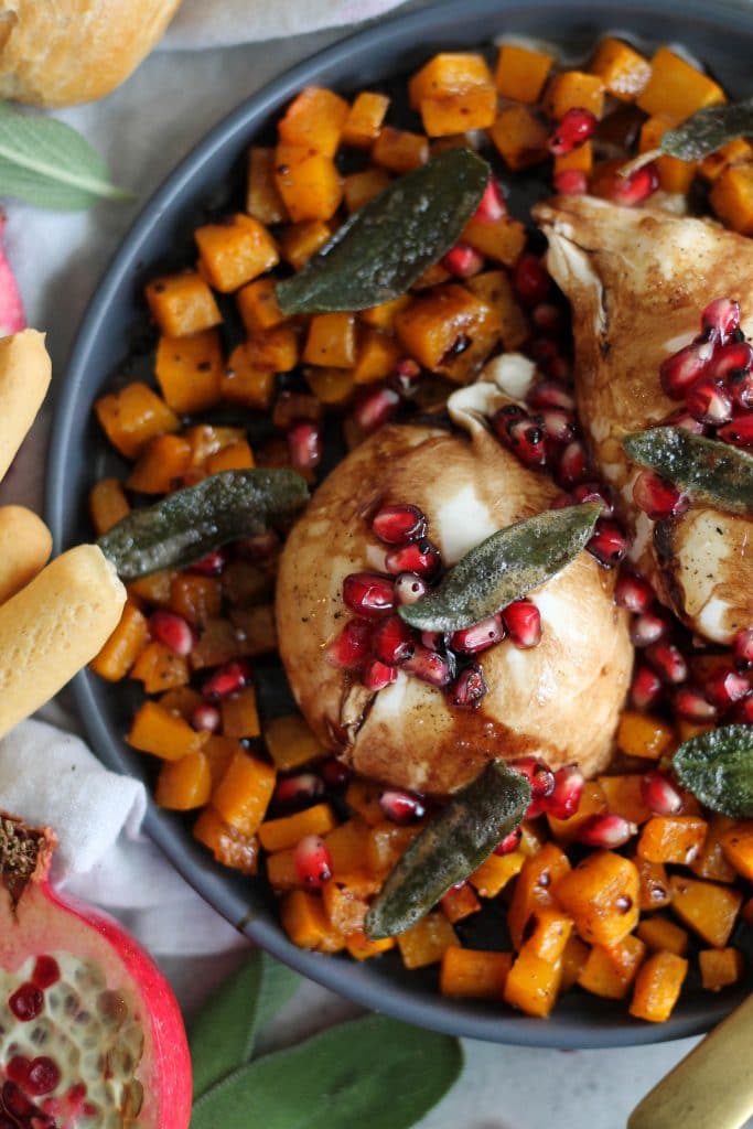 Burrata with Maple Roasted Butternut Squash, Pomegranate Balsamic Glaze, and Crispy Sage