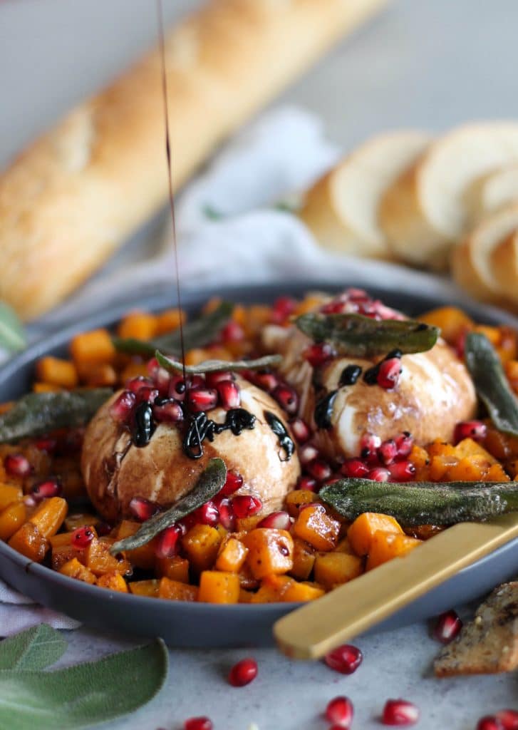 Burrata with Maple Roasted Butternut Squash, Pomegranate Balsamic Glaze, and Crispy Sage