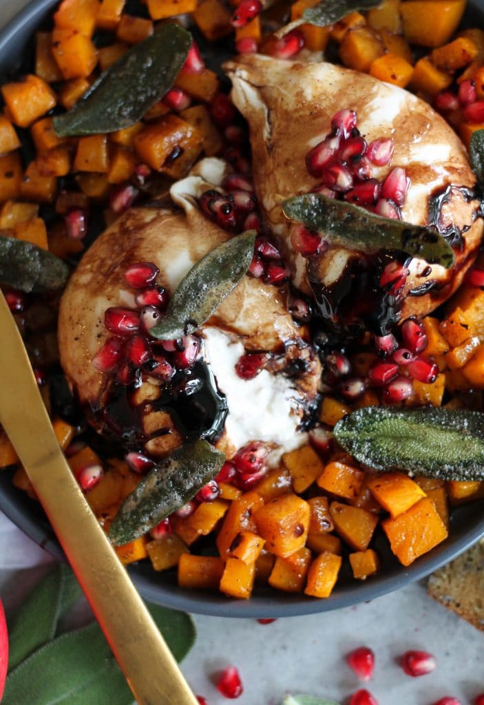 Burrata with Maple Roasted Butternut Squash, Pomegranate Balsamic Glaze, and Crispy Sage