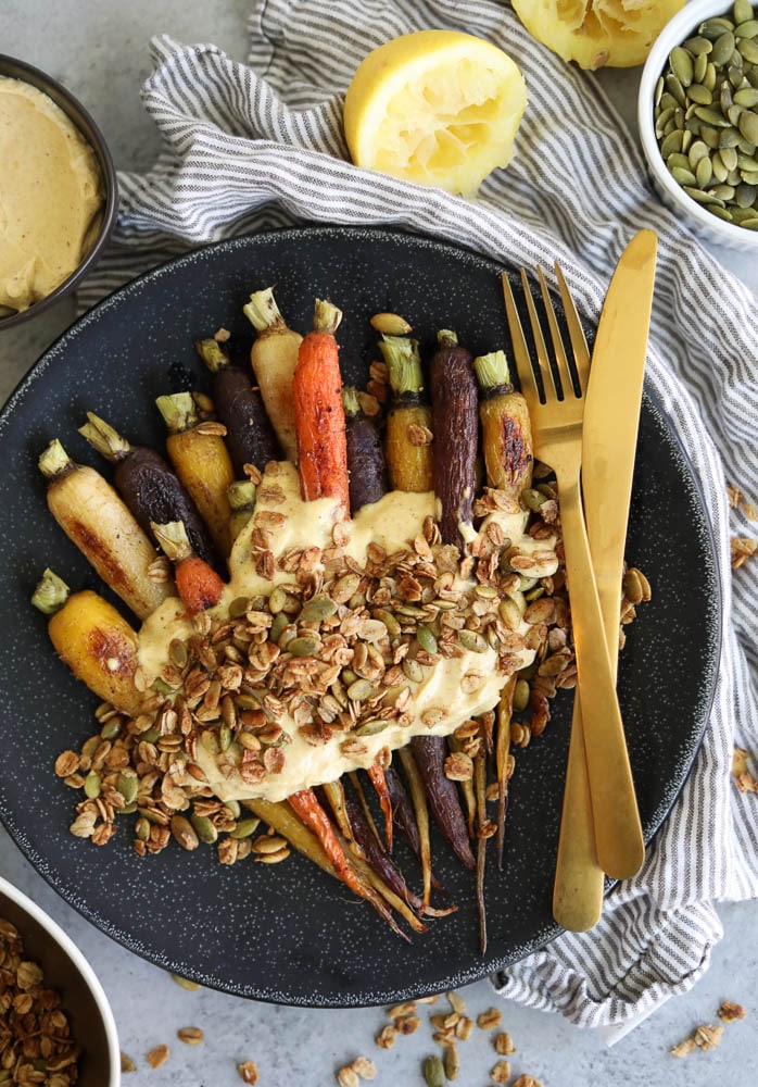 Roasted Carrots with Curry Mascarpone Yogurt and Pumpkin Seed Granola