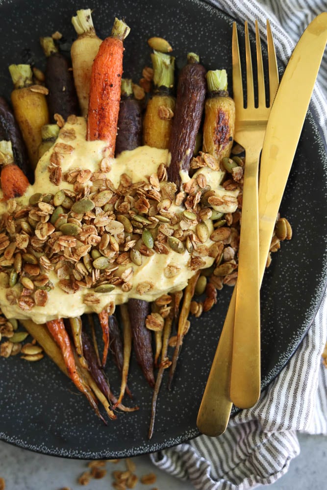 Roasted Carrots with Curry Mascarpone Yogurt and Pumpkin Seed Granola