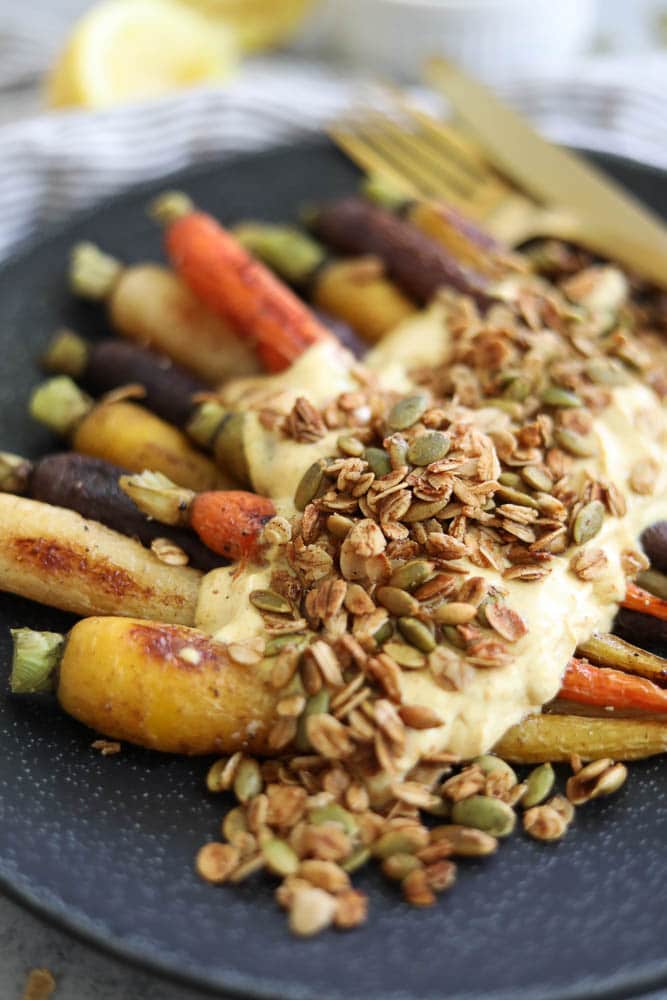 Roasted Carrots with Curry Mascarpone Yogurt and Pumpkin Seed Granola