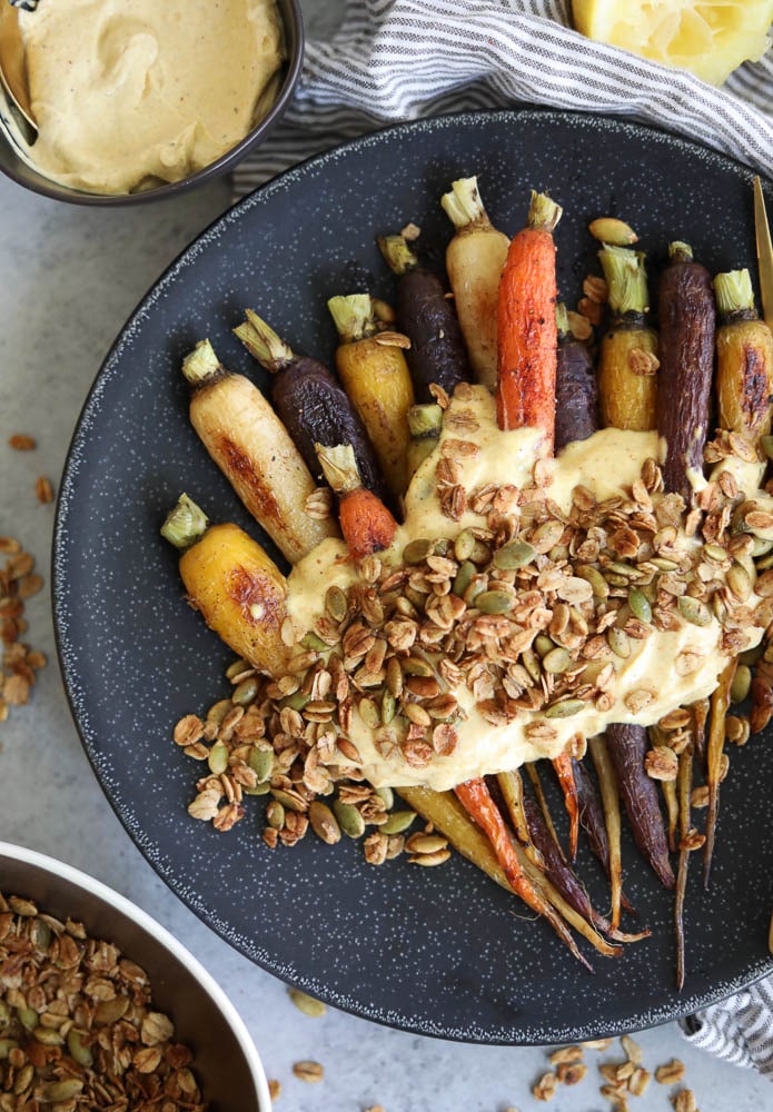 Roasted Carrots with Curry Mascarpone Yogurt and Pumpkin Seed Granola