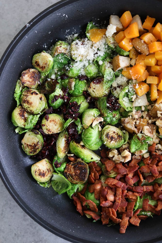 Parmesan Bacon Brussels Sprouts with Roasted Pears and Butternut Squash