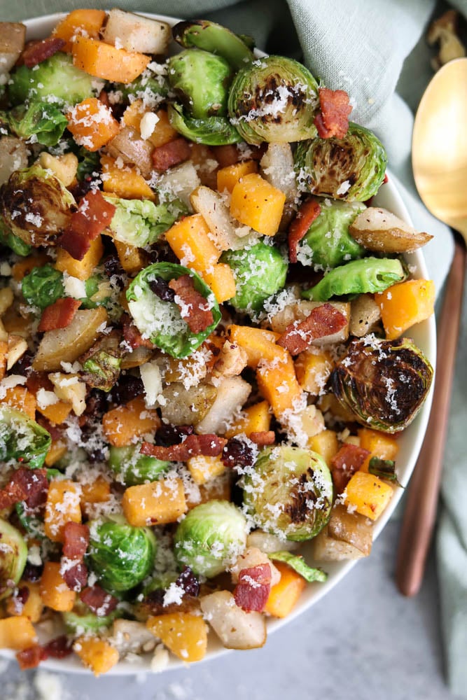 Parmesan Bacon Brussels Sprouts with Roasted Pears and Butternut Squash