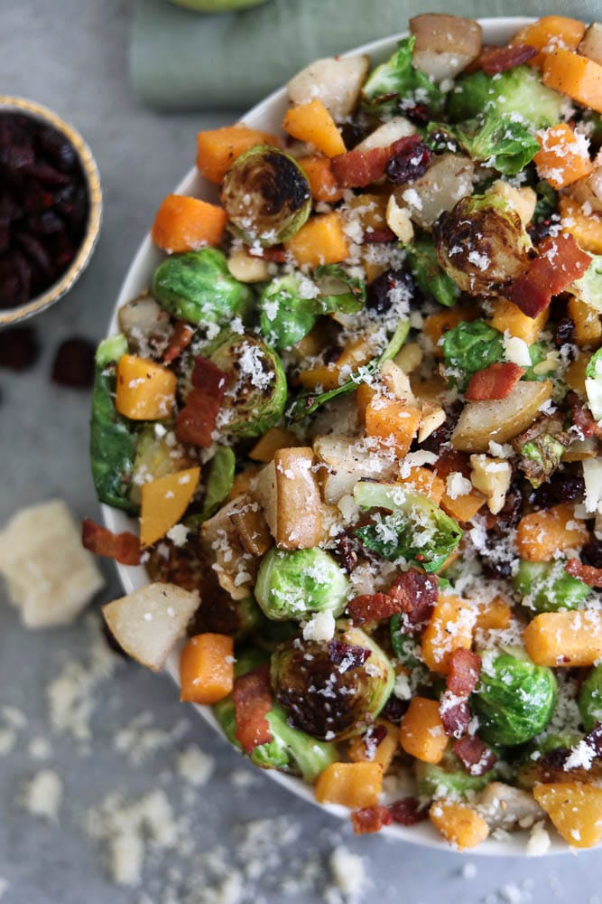 Parmesan Bacon Brussels Sprouts with Roasted Pears and Butternut Squash