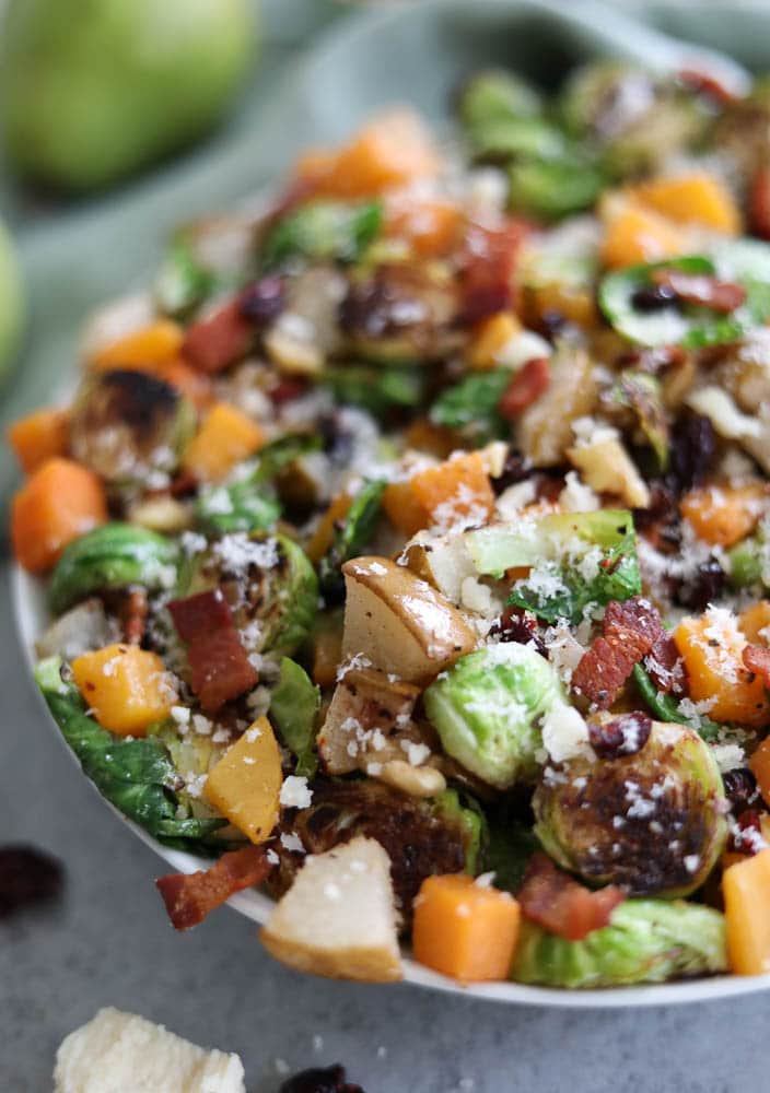 Parmesan Bacon Brussels Sprouts with Roasted Pears and Butternut Squash