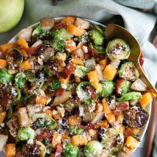 Parmesan Bacon Brussels Sprouts with Roasted Pears and Butternut Squash