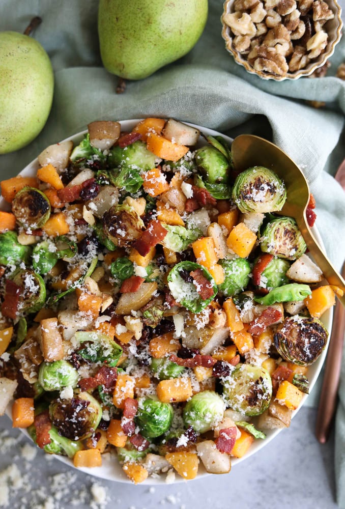 Parmesan Bacon Brussels Sprouts with Roasted Pears and Butternut Squash