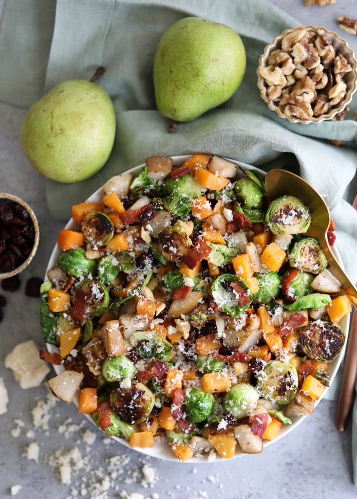 Parmesan Bacon Brussels Sprouts with Roasted Pears and Butternut Squash