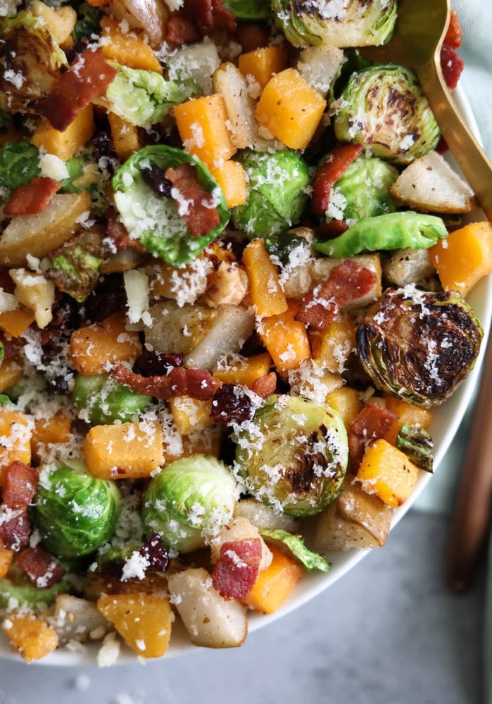 Parmesan Bacon Brussels Sprouts with Roasted Pears and Butternut Squash