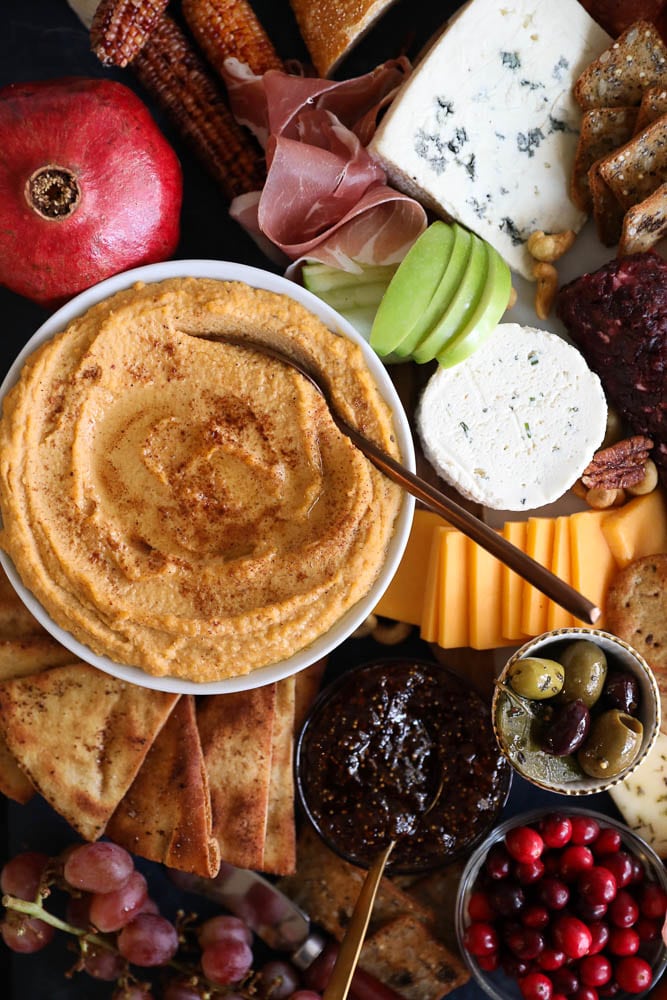 Sweet Potato Hummus with Brown Butter Spiced Pita Chips + A Thanksgiving Cheeseboard!