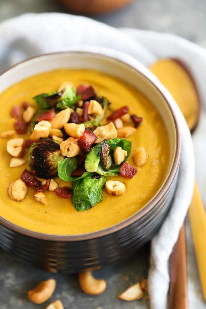 Creamy Butternut Squash Pumpkin Cashew Soup with Crispy Brussels and Bacon