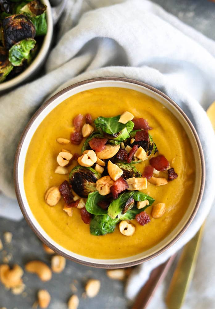Creamy Butternut Squash Pumpkin Cashew Soup with Crispy Brussels and Bacon
