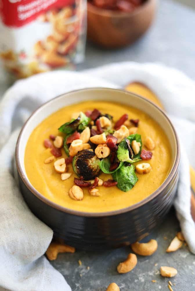 Creamy Butternut Squash Pumpkin Cashew Soup with Crispy Brussels and Bacon