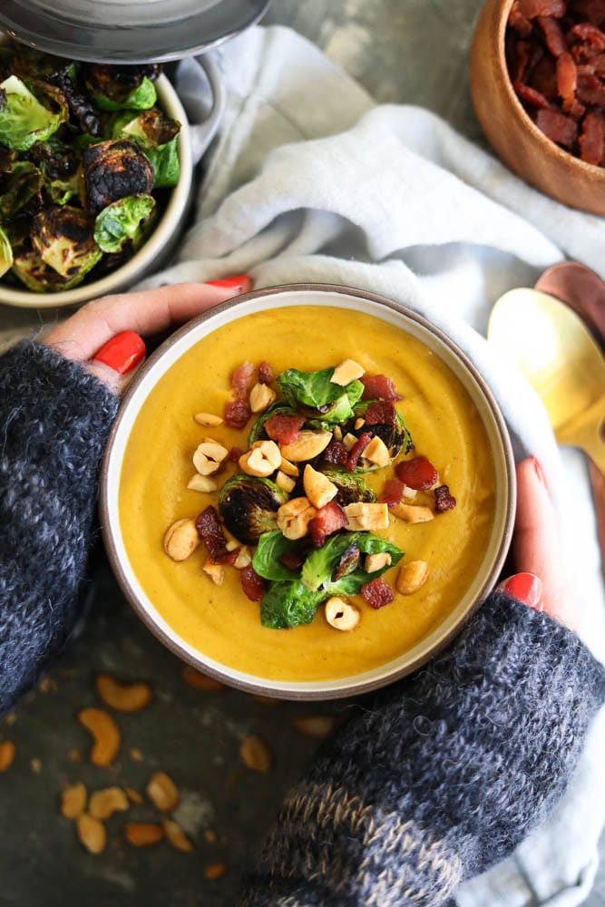 Creamy Butternut Squash Pumpkin Cashew Soup with Crispy Brussels and Bacon