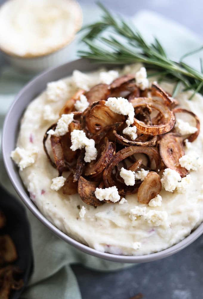 Garlic and Herb Cheesy Mascarpone Mashed Potatoes with Crispy Shallots
