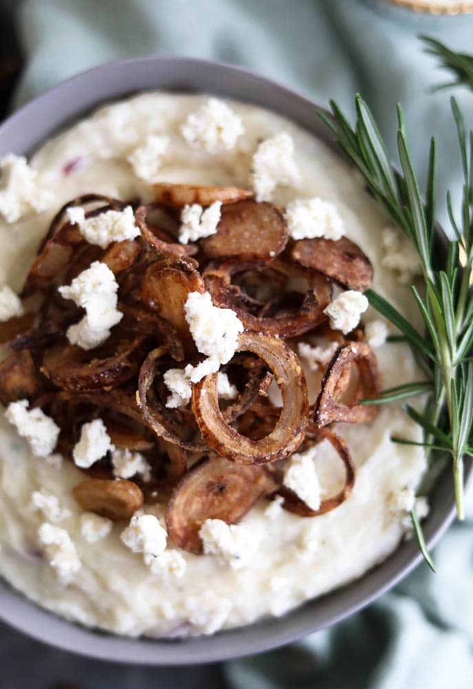 Garlic and Herb Cheesy Mascarpone Mashed Potatoes with Crispy Shallots