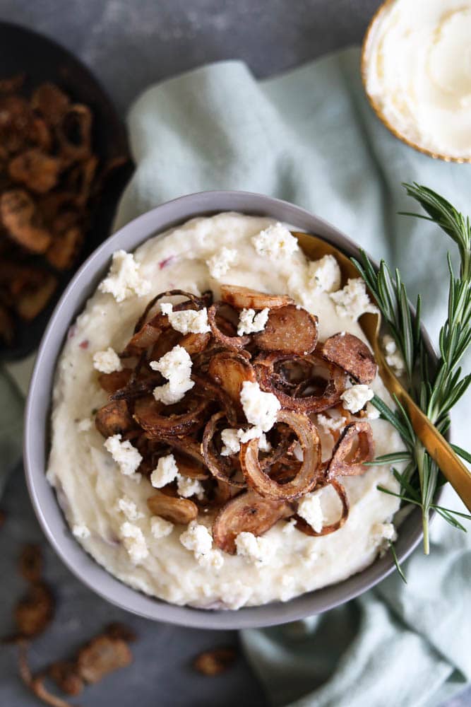 Garlic and Herb Cheesy Mascarpone Mashed Potatoes with Crispy Shallots