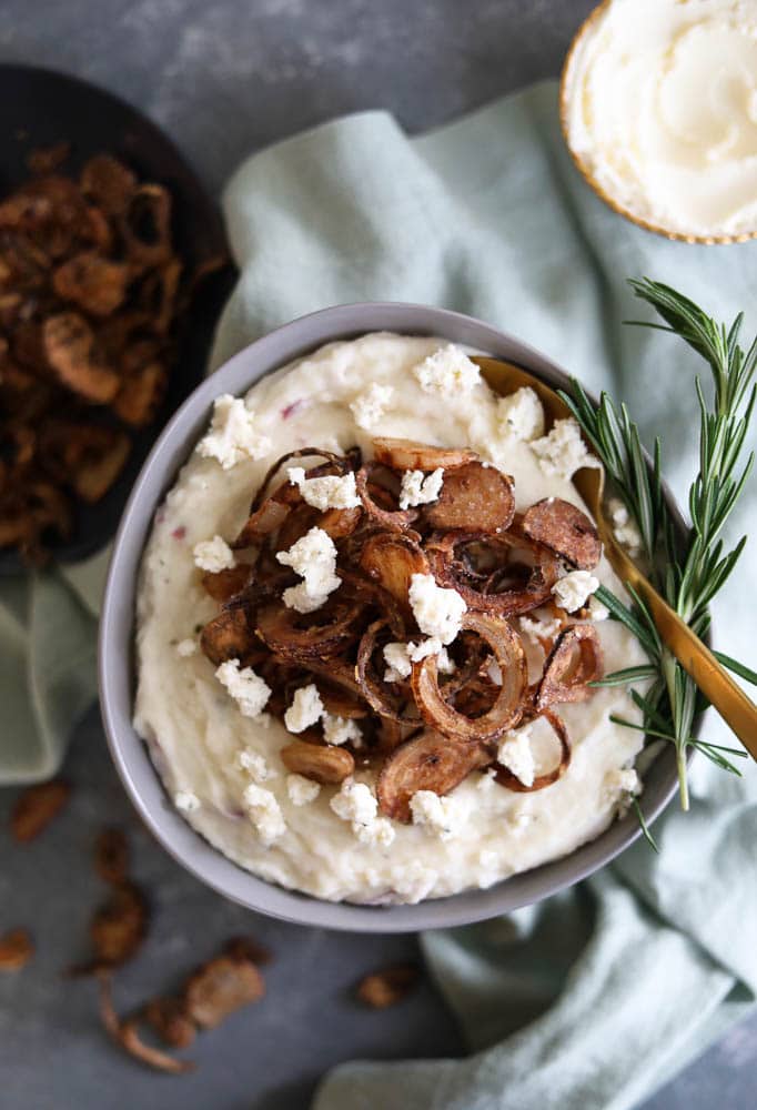 Garlic and Herb Cheesy Mascarpone Mashed Potatoes with Crispy Shallots