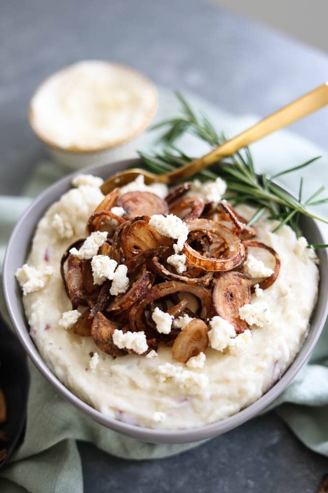Garlic and Herb Cheesy Mascarpone Mashed Potatoes with Crispy Shallots