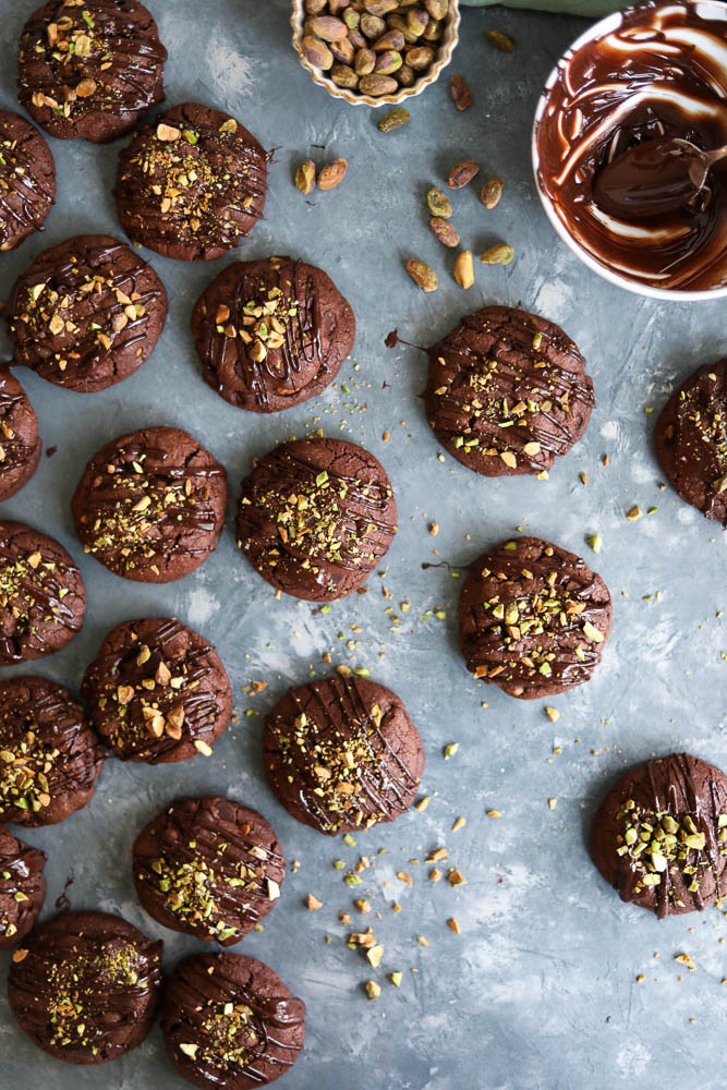 Salted Triple Chocolate Pistachio Cookies