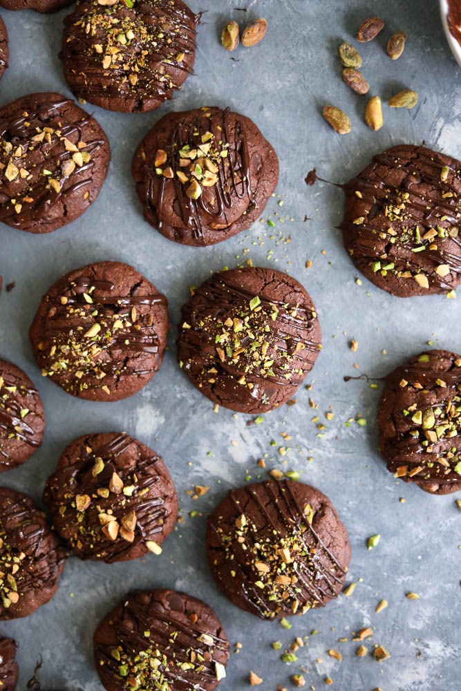Salted Triple Chocolate Pistachio Cookies