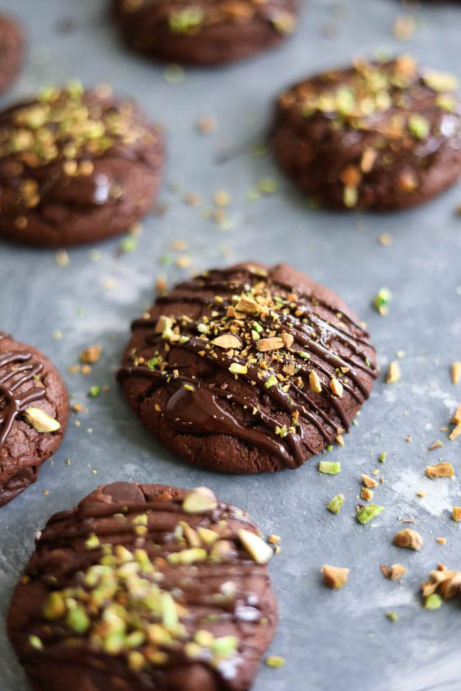 Salted Triple Chocolate Pistachio Cookies