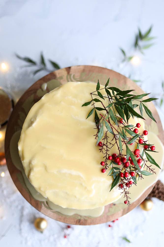 Eggnog Cake with Spiced Cream Cheese Buttercream and White Chocolate