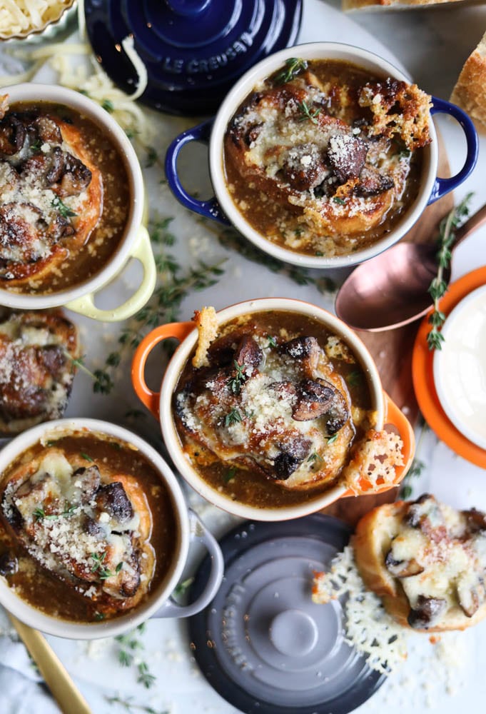French Onion Soup with Cheesy Mushroom Toasts