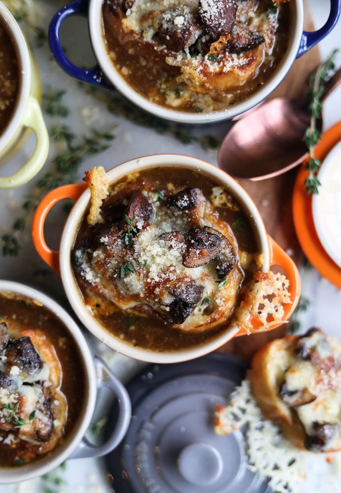 French Onion Soup with Cheesy Mushroom Toasts