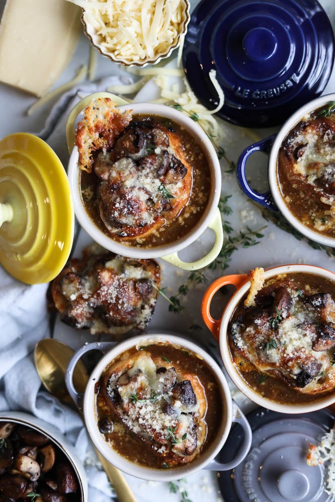 French Onion Soup with Cheesy Mushroom Toasts