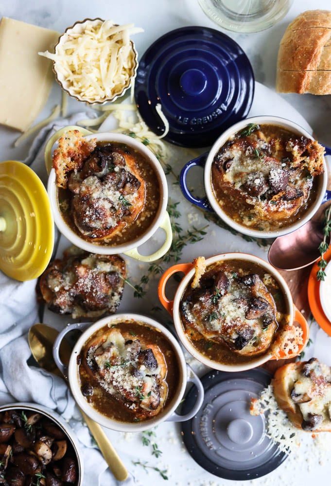 French Onion Soup with Cheesy Mushroom Toasts