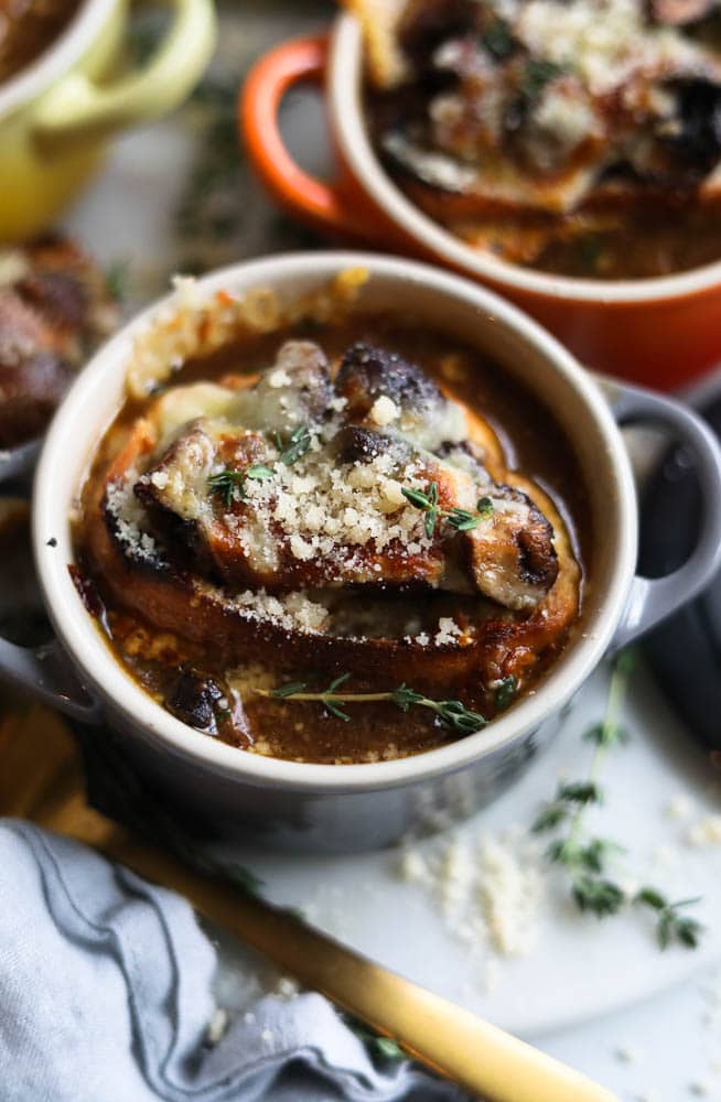 French Onion Soup with Cheesy Mushroom Toasts