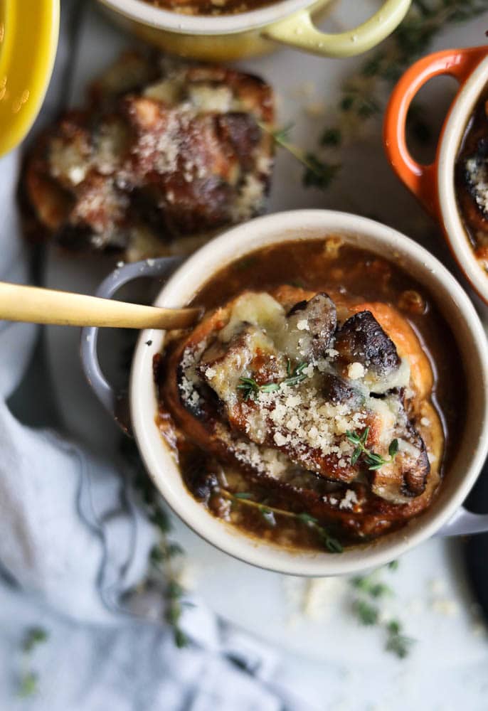 French Onion Soup with Cheesy Mushroom Toasts
