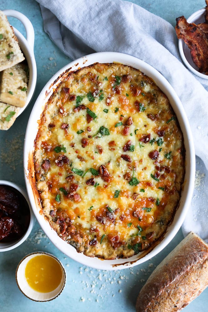 Cheesy Bacon Spinach SunDried Tomato Dip with Garlic Bread Dippers