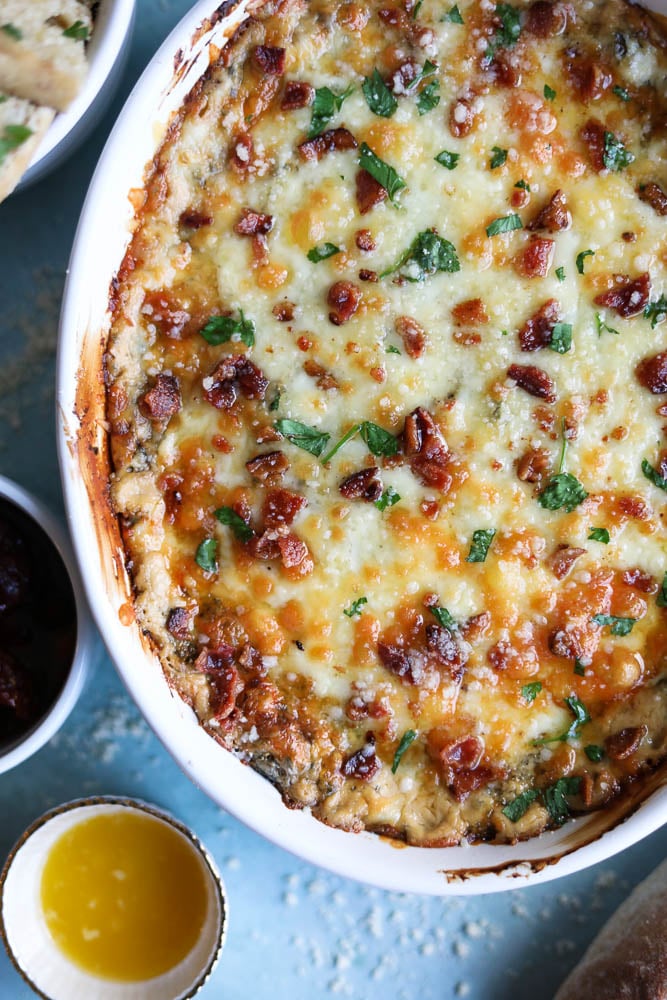 Cheesy Bacon Sun-Dried Tomato Spinach Dip with Garlic Bread Dippers