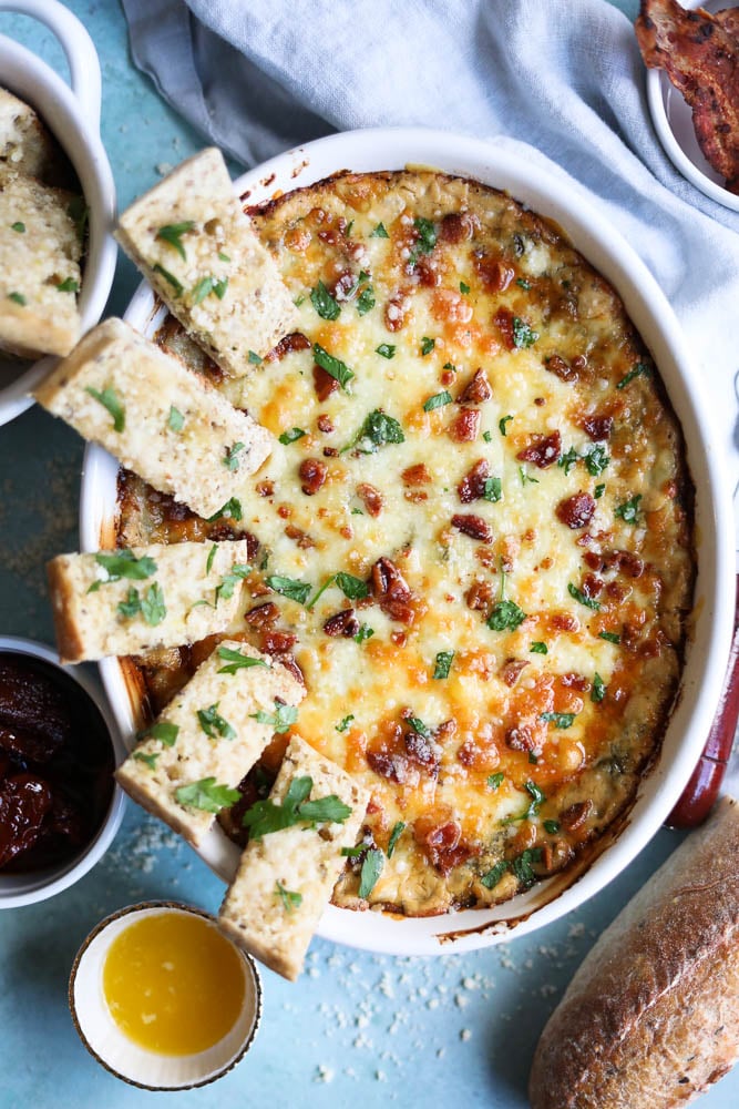 Cheesy Bacon Sun-Dried Tomato Spinach Dip with Garlic Bread Dippers