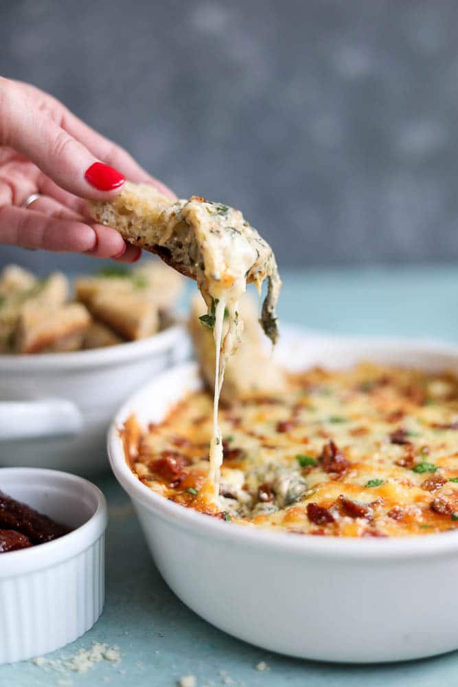 Cheesy Bacon Spinach SunDried Tomato Dip with Garlic Bread Dippers