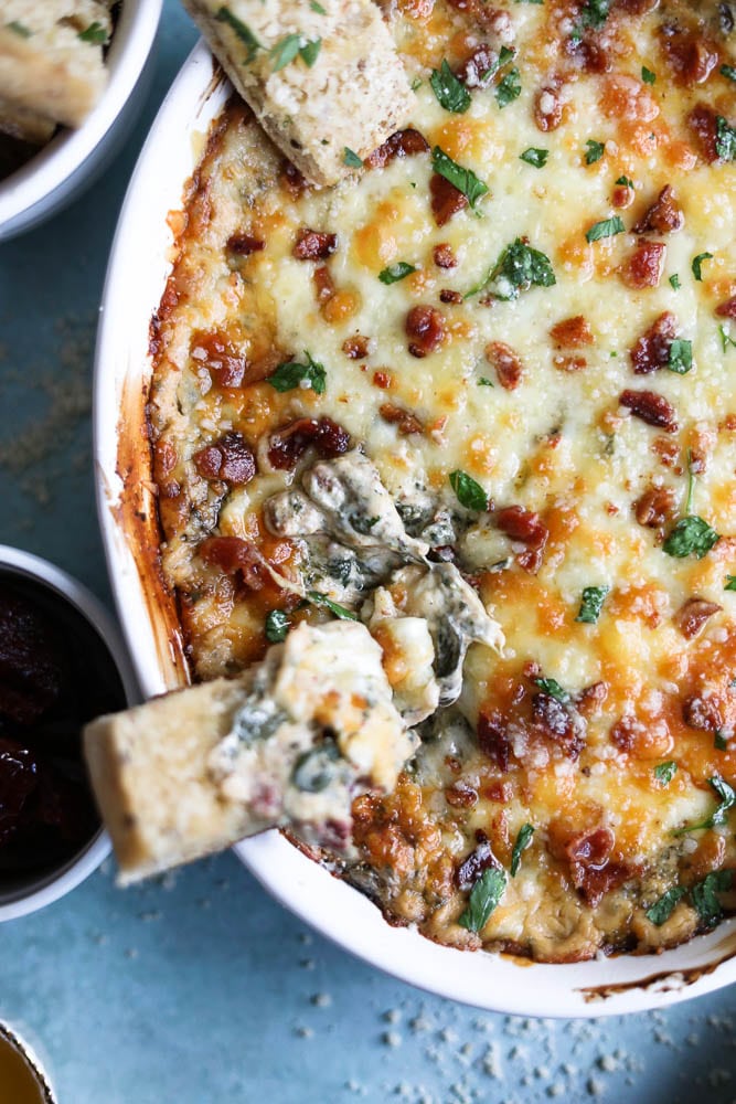 Cheesy Bacon Spinach SunDried Tomato Dip with Garlic Bread Dippers