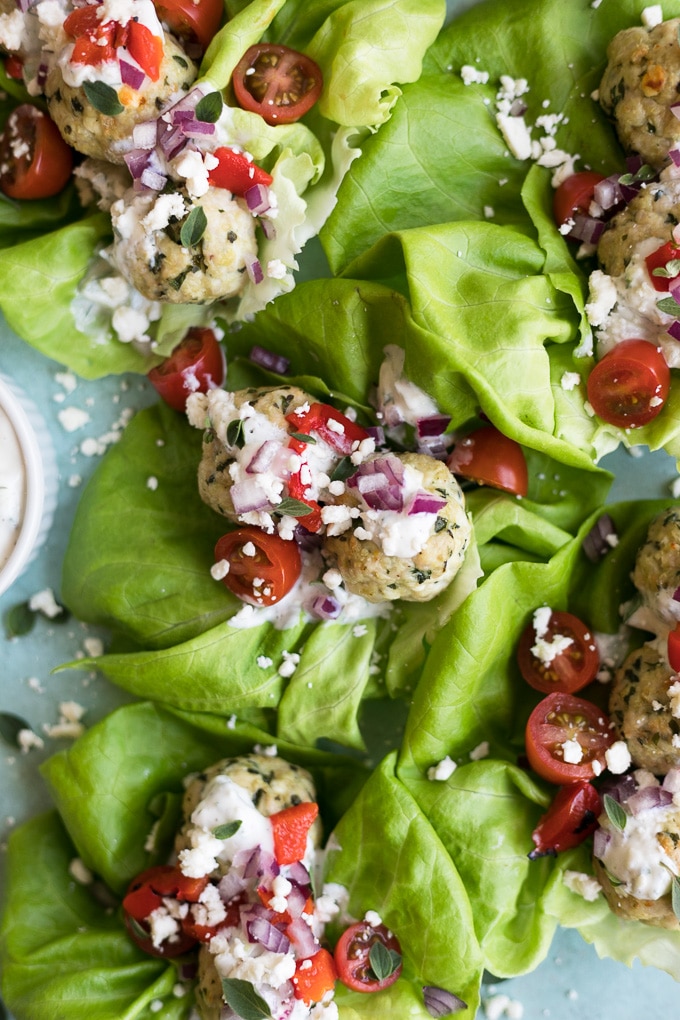 Greek Turkey Meatball Lettuce Wraps with Easy Tzatziki Sauce