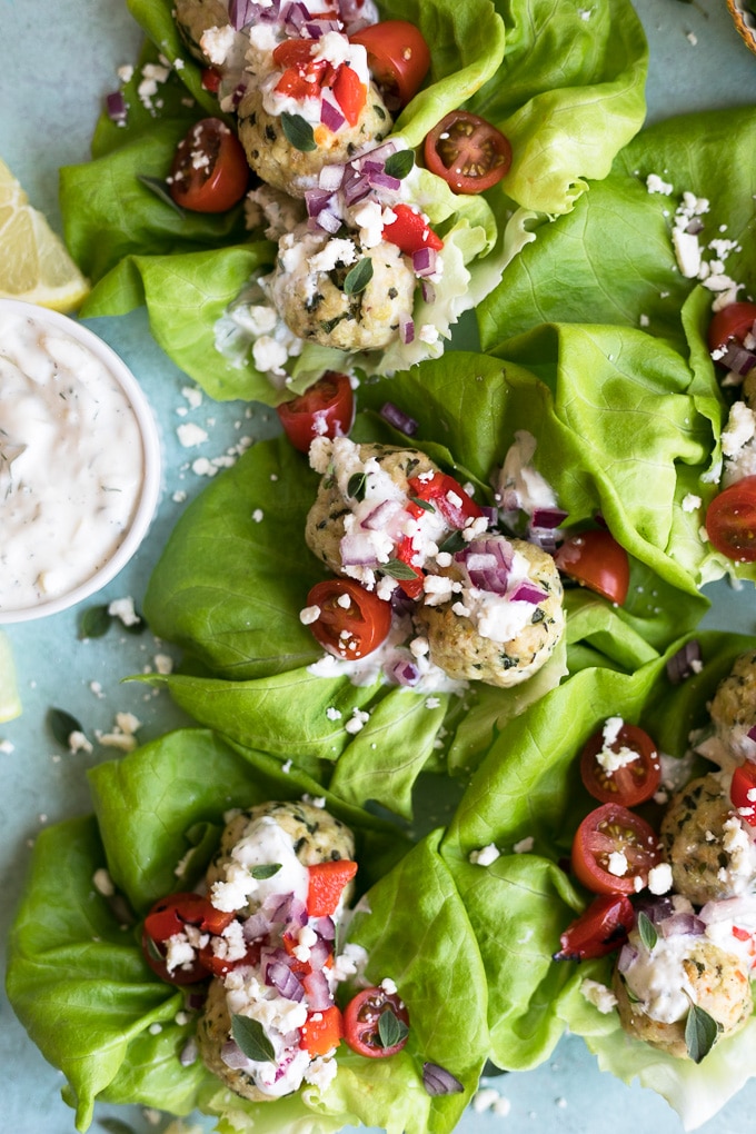Greek Turkey Meatball Lettuce Wraps with Easy Tzatziki Sauce