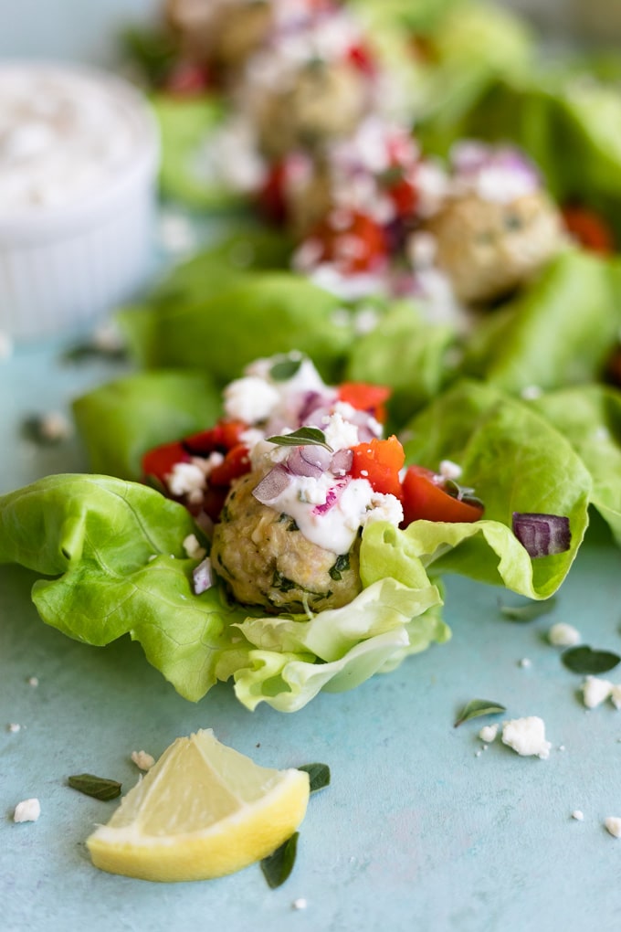 Greek Turkey Meatball Lettuce Wraps with Easy Tzatziki Sauce